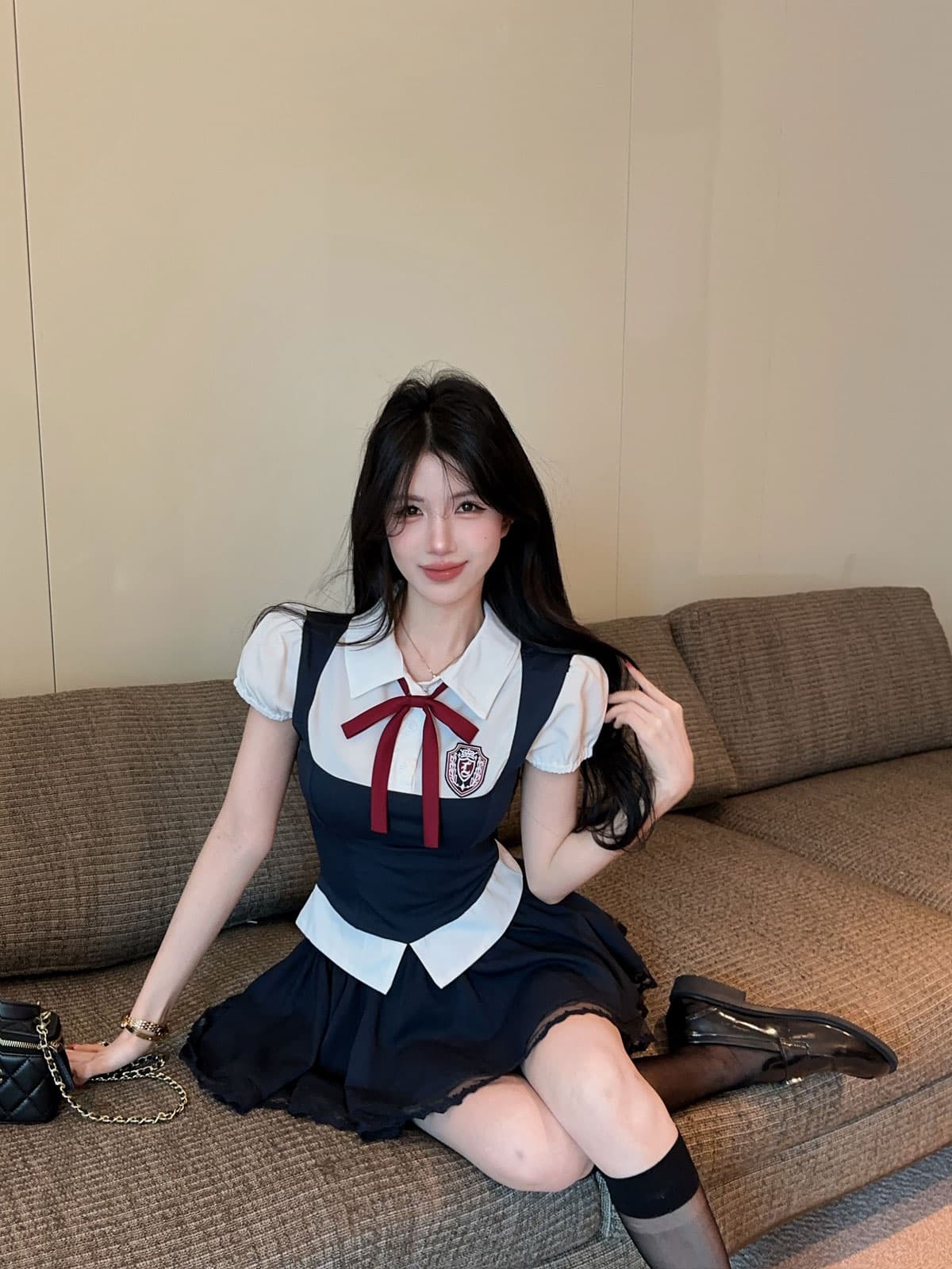 실사 정가 아메리칸 학원 스타일 세트 여성 jk 유니폼 페이크 레이어드 맨위 레이스 조각 미니 스커트 투피스 세트 상세 이미지 10