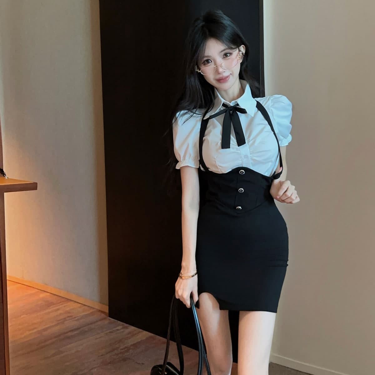실사 정가 여름 순수한 욕망 세트 여성 핫걸 jk 허리 수축 여성 셔츠 행침 목 멜빵 타이트 스커트 드레스 이미지 3