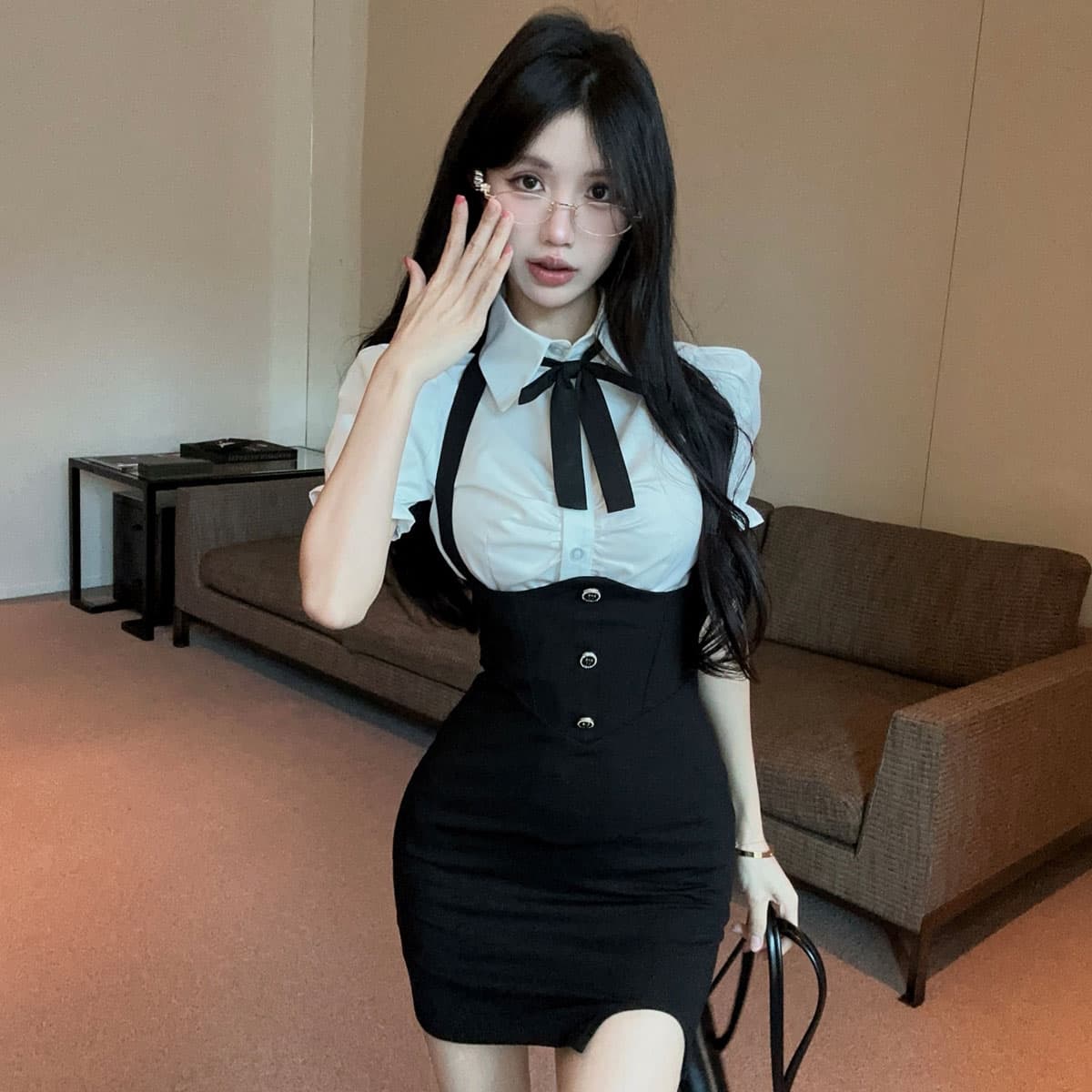 실사 정가 여름 순수한 욕망 세트 여성 핫걸 jk 허리 수축 여성 셔츠 행침 목 멜빵 타이트 스커트 드레스 이미지 4