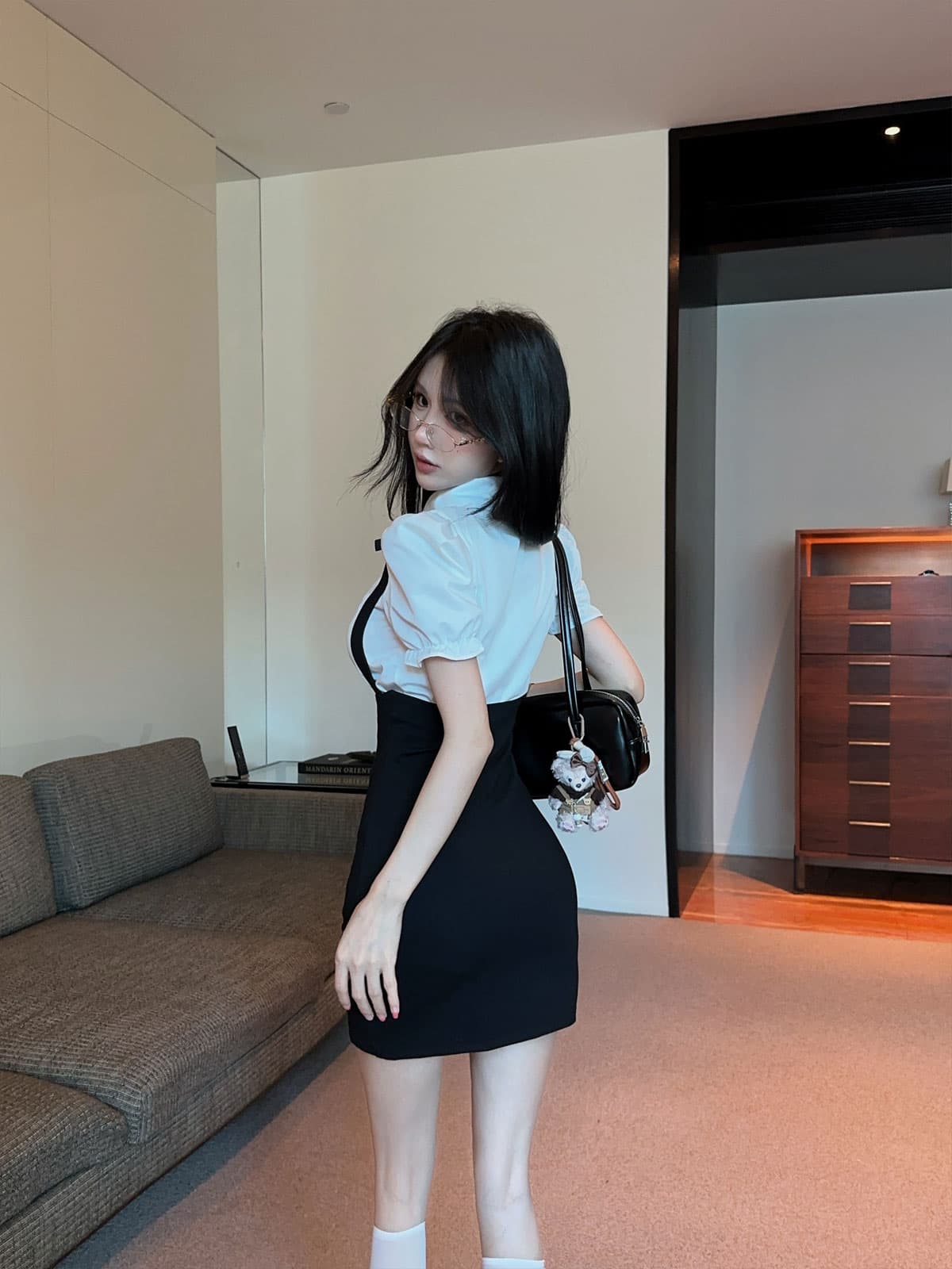 실사 정가 여름 순수한 욕망 세트 여성 핫걸 jk 허리 수축 여성 셔츠 행침 목 멜빵 타이트 스커트 드레스 상세 이미지 6