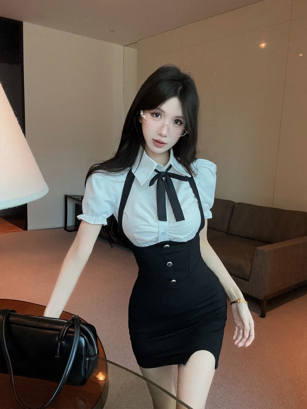 실사 정가 여름 순수한 욕망 세트 여성 핫걸 jk 허리 수축 여성 셔츠 행침 목 멜빵 타이트 스커트 드레스 상세 이미지 8
