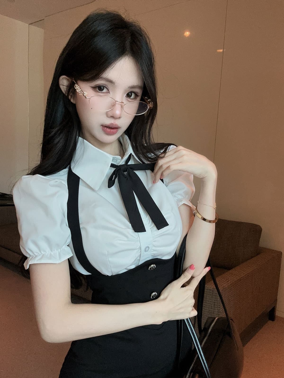 실사 정가 여름 순수한 욕망 세트 여성 핫걸 jk 허리 수축 여성 셔츠 행침 목 멜빵 타이트 스커트 드레스 상세 이미지 10