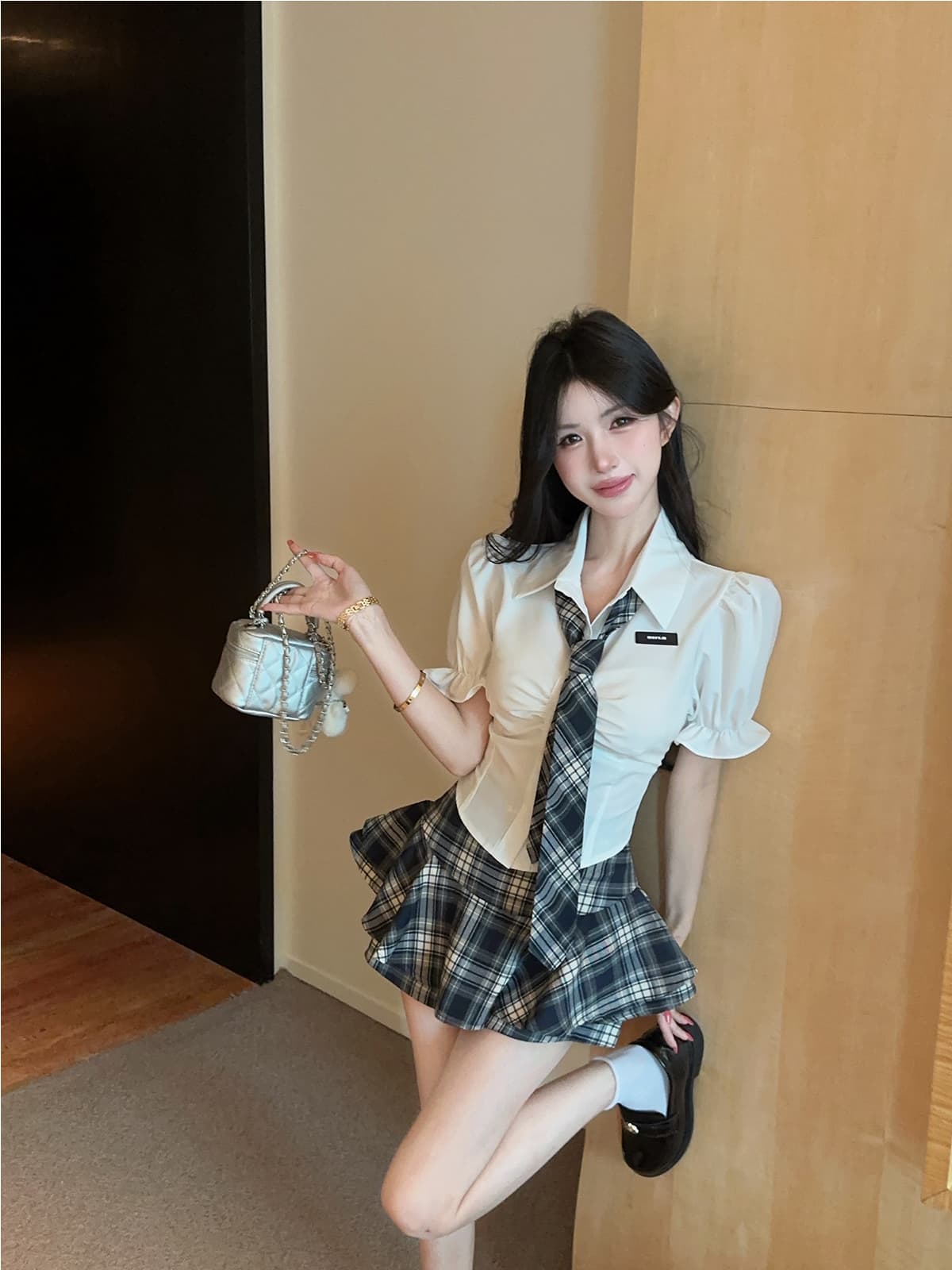 실사 정가 학원 스타일 허리 수축 jk 유니폼 핫걸 셔츠 연령 감소 순수한 욕망 체크무늬 퍼프 미니 스커트 투피스 세트 상세 이미지 1
