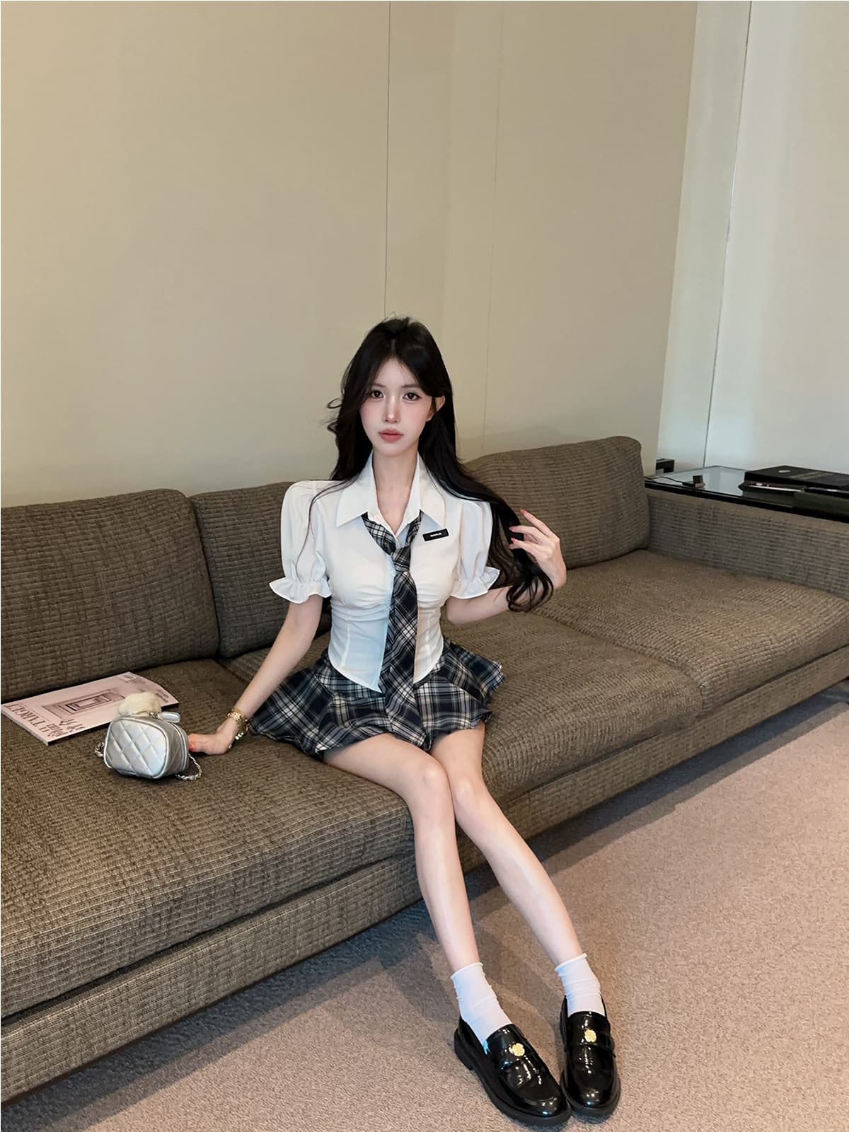 실사 정가 학원 스타일 허리 수축 jk 유니폼 핫걸 셔츠 연령 감소 순수한 욕망 체크무늬 퍼프 미니 스커트 투피스 세트 상세 이미지 3