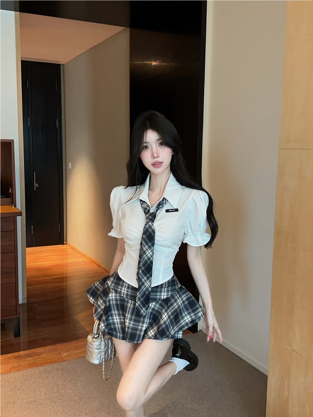 실사 정가 학원 스타일 허리 수축 jk 유니폼 핫걸 셔츠 연령 감소 순수한 욕망 체크무늬 퍼프 미니 스커트 투피스 세트 상세 이미지 8