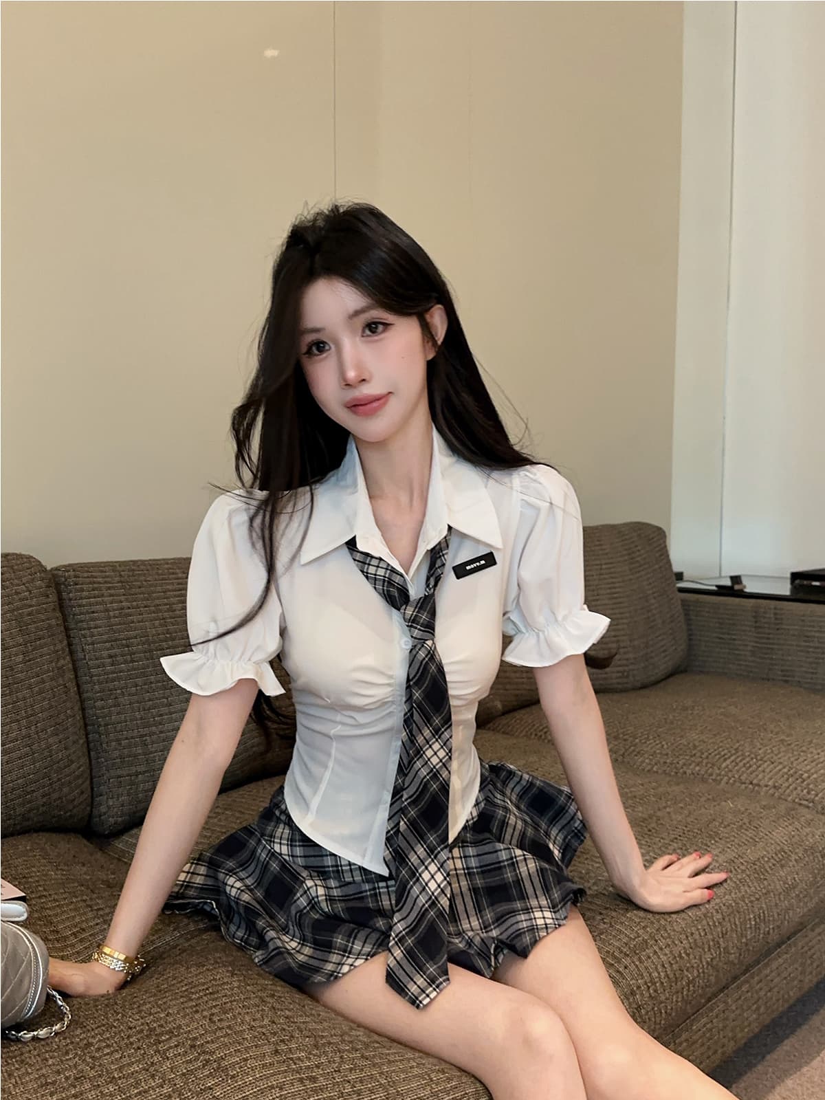 실사 정가 학원 스타일 허리 수축 jk 유니폼 핫걸 셔츠 연령 감소 순수한 욕망 체크무늬 퍼프 미니 스커트 투피스 세트 상세 이미지 9