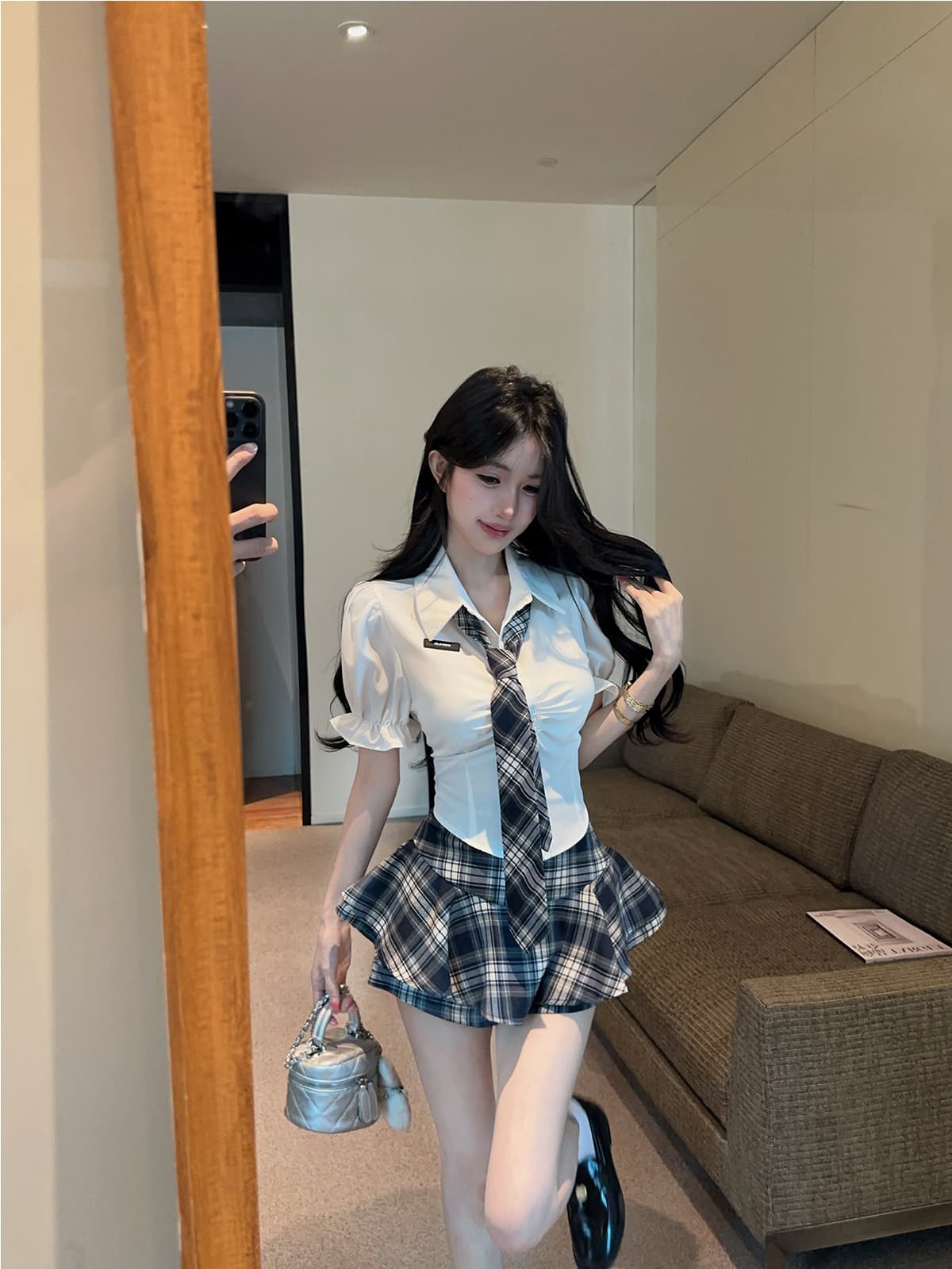 실사 정가 학원 스타일 허리 수축 jk 유니폼 핫걸 셔츠 연령 감소 순수한 욕망 체크무늬 퍼프 미니 스커트 투피스 세트 상세 이미지 10