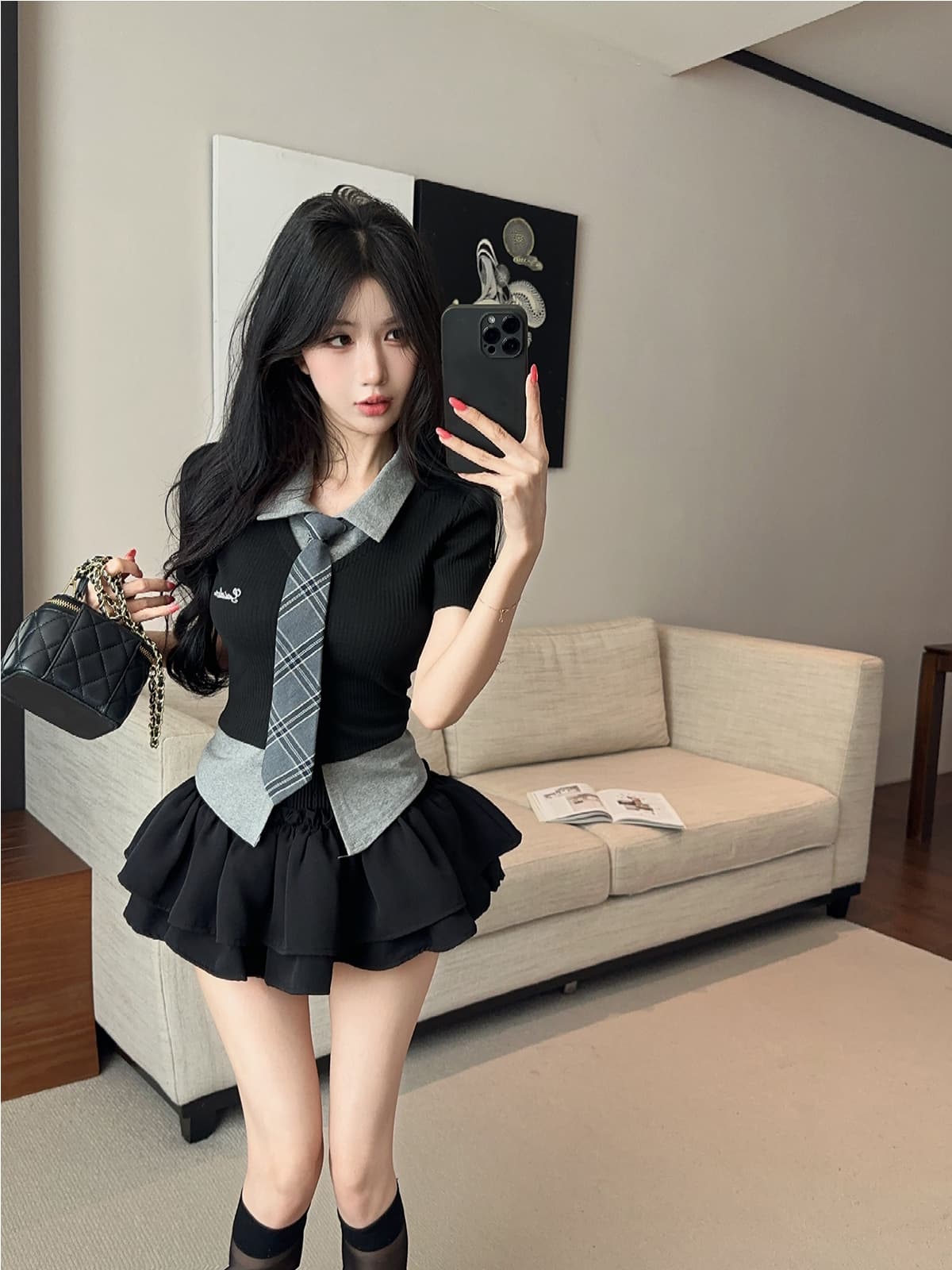 실사 정가 아메리칸 핫걸 페이크 레이어드 POLO 칼라 반팔 티셔츠 맨위 슬림해 보이는 퍼프 스커트 반바지 치마 세트 상세 이미지 1