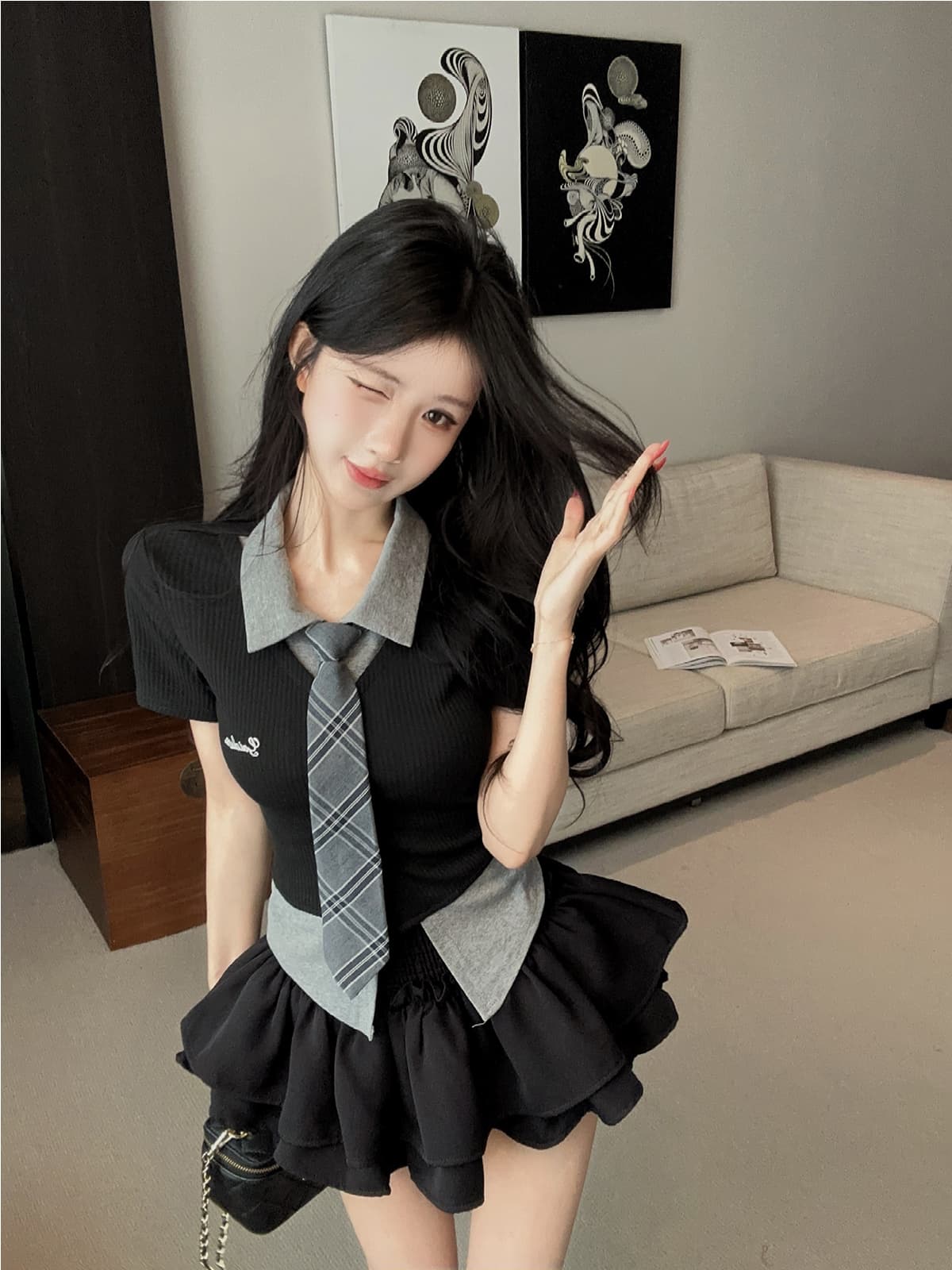 실사 정가 아메리칸 핫걸 페이크 레이어드 POLO 칼라 반팔 티셔츠 맨위 슬림해 보이는 퍼프 스커트 반바지 치마 세트 상세 이미지 2