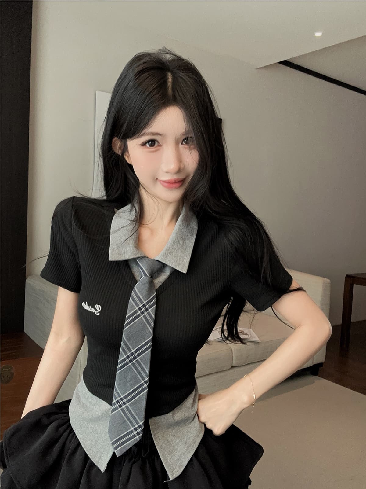 실사 정가 아메리칸 핫걸 페이크 레이어드 POLO 칼라 반팔 티셔츠 맨위 슬림해 보이는 퍼프 스커트 반바지 치마 세트 상세 이미지 3