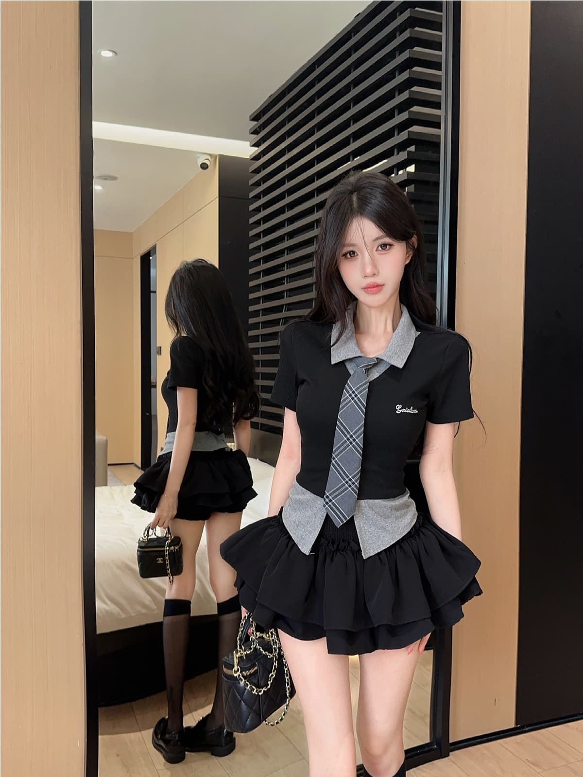 실사 정가 아메리칸 핫걸 페이크 레이어드 POLO 칼라 반팔 티셔츠 맨위 슬림해 보이는 퍼프 스커트 반바지 치마 세트 상세 이미지 7