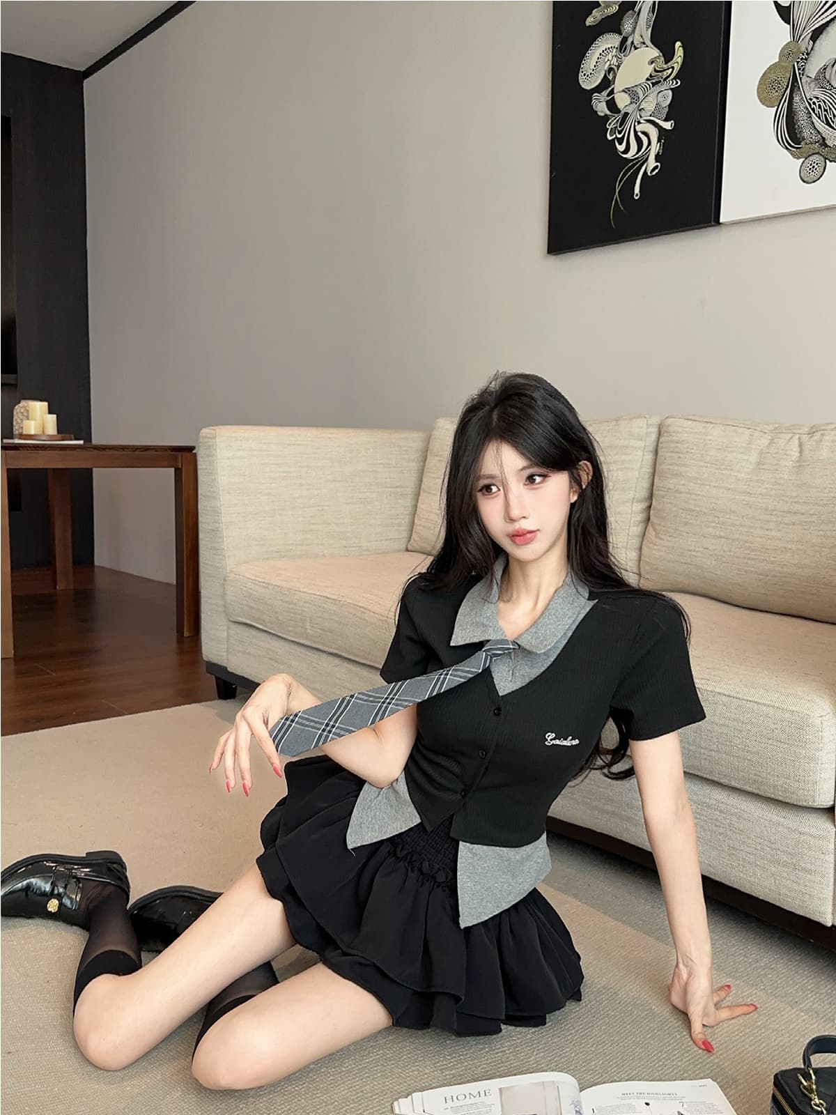 실사 정가 아메리칸 핫걸 페이크 레이어드 POLO 칼라 반팔 티셔츠 맨위 슬림해 보이는 퍼프 스커트 반바지 치마 세트 상세 이미지 10