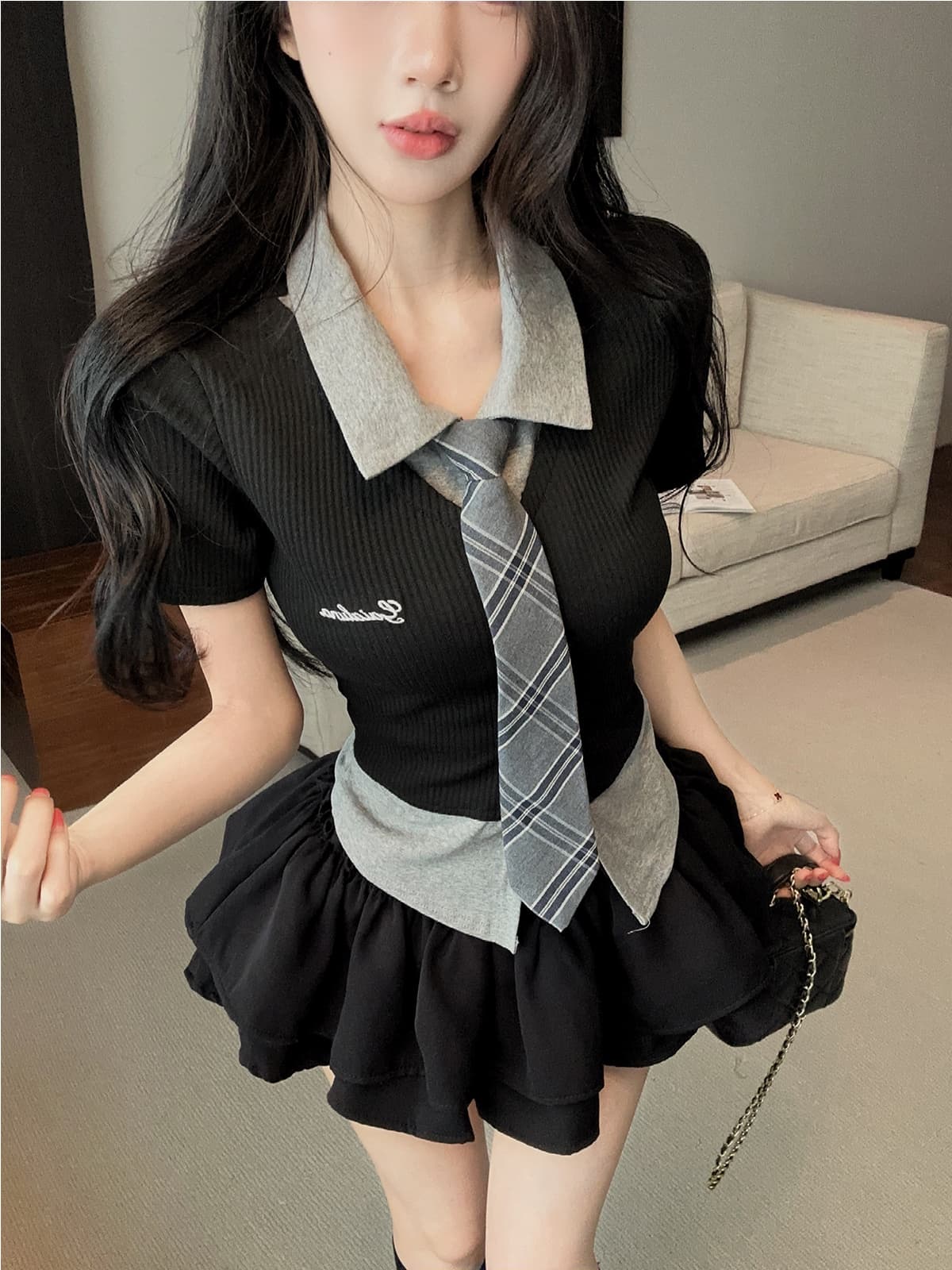실사 정가 아메리칸 핫걸 페이크 레이어드 POLO 칼라 반팔 티셔츠 맨위 슬림해 보이는 퍼프 스커트 반바지 치마 세트 상세 이미지 11