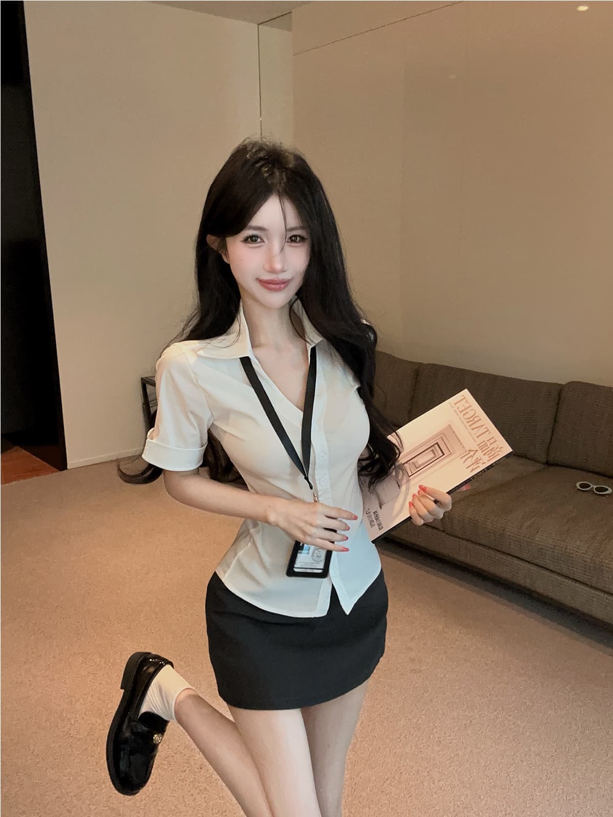 실사 정가 순수한 욕망 핫걸 허리 수축 슬림해 보이는 V넥 디자인 센스 셔츠 하이웨이스트 jk 타이트 스커트 학원 세트 여성 상세 이미지 2