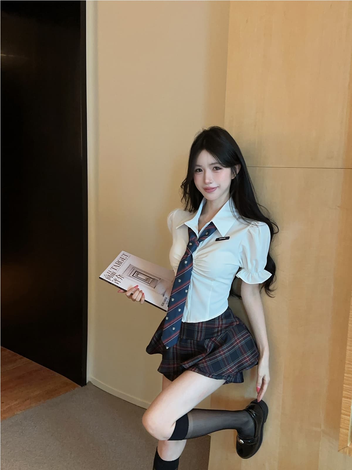 실사 정가 학원 스타일 jk 유니폼 세트 거품 소매 달콤한 매운맛 허리 수축 레이스 업 셔츠 체크무늬 하이웨이스트 치마바지 상세 이미지 1