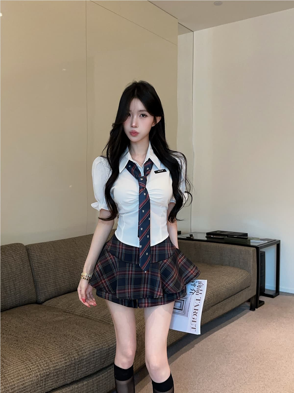 실사 정가 학원 스타일 jk 유니폼 세트 거품 소매 달콤한 매운맛 허리 수축 레이스 업 셔츠 체크무늬 하이웨이스트 치마바지 상세 이미지 4