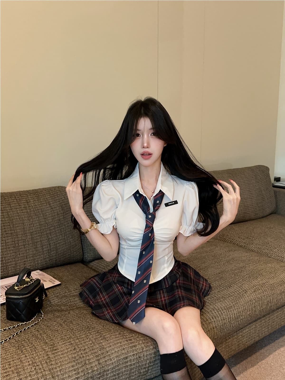 실사 정가 학원 스타일 jk 유니폼 세트 거품 소매 달콤한 매운맛 허리 수축 레이스 업 셔츠 체크무늬 하이웨이스트 치마바지 상세 이미지 7