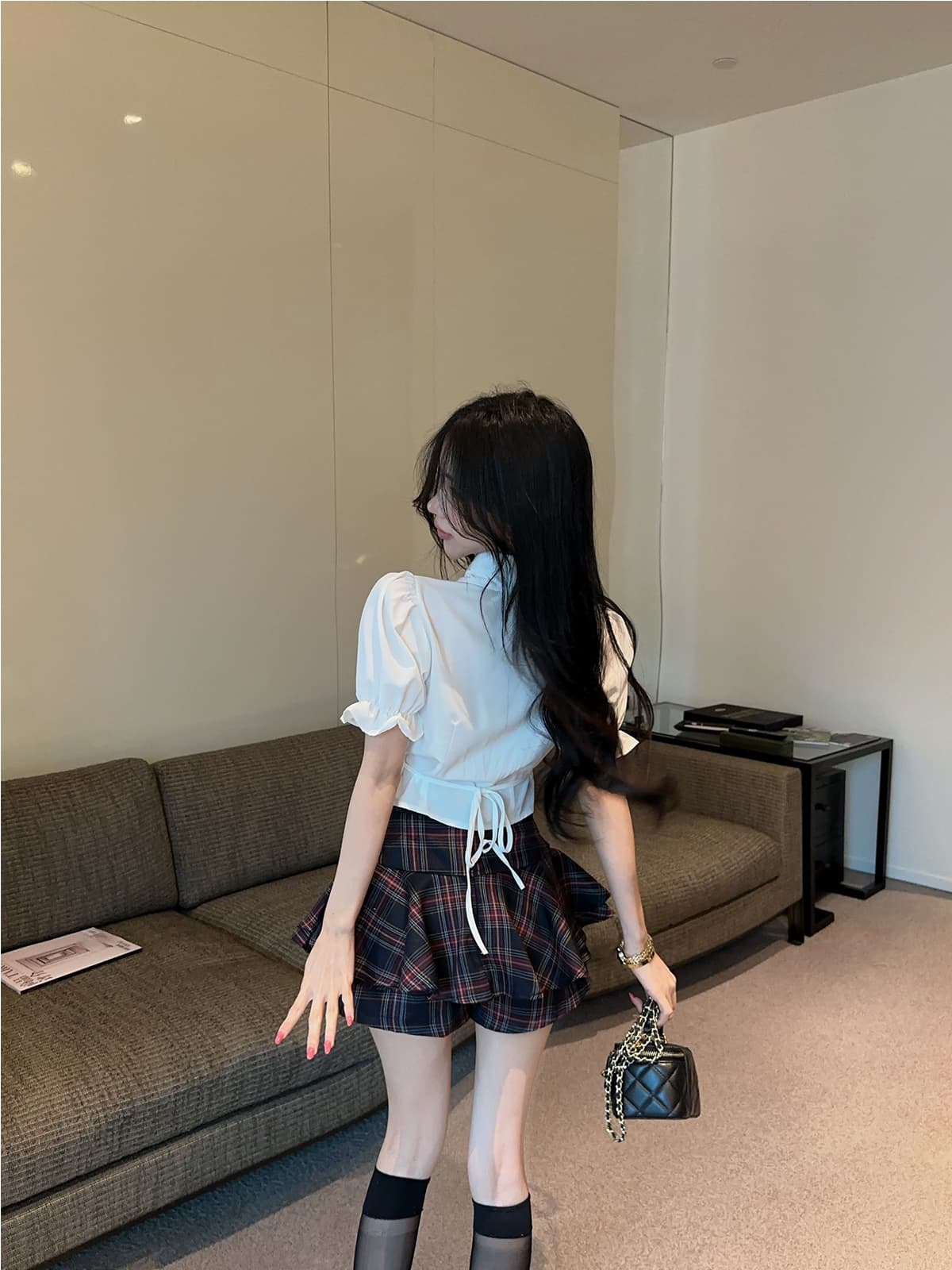 실사 정가 학원 스타일 jk 유니폼 세트 거품 소매 달콤한 매운맛 허리 수축 레이스 업 셔츠 체크무늬 하이웨이스트 치마바지 상세 이미지 13