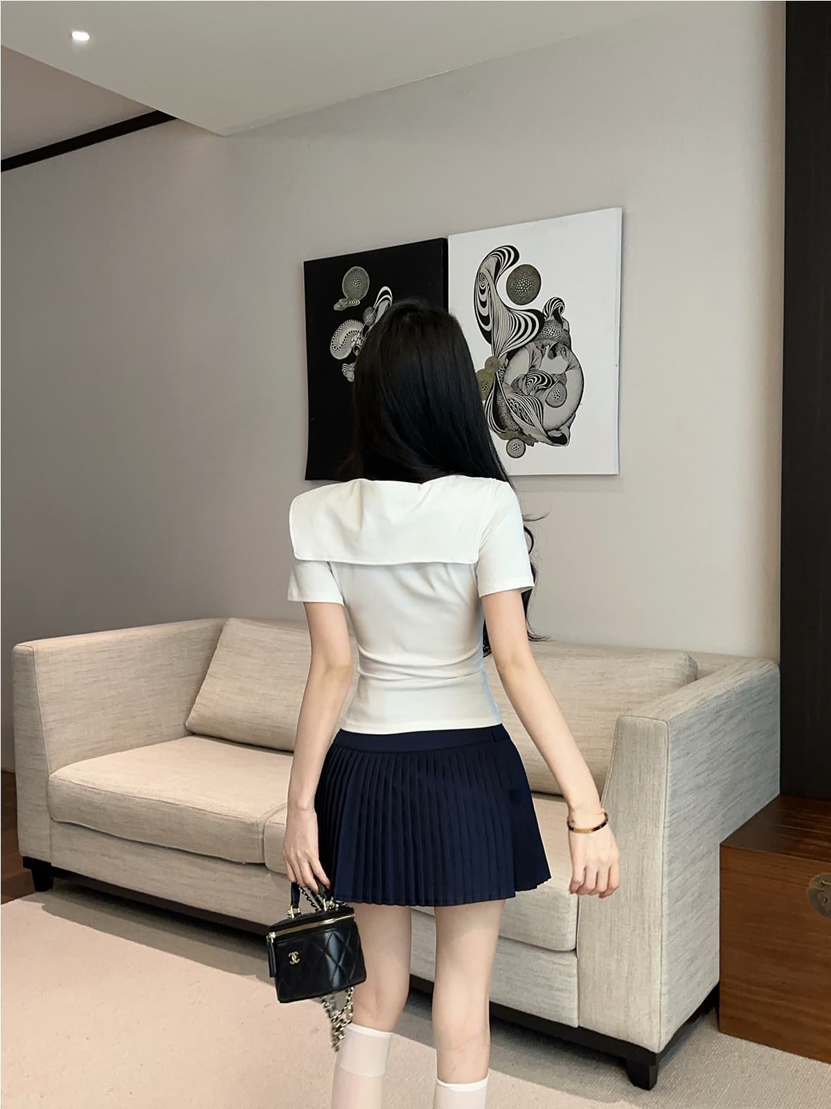 실사 정가 아메리칸 학원 스타일 핫걸 해군 칼라 배색 숄 패치워크 티셔츠 플리츠 미니 스커트 jk 투피스 세트 상세 이미지 12