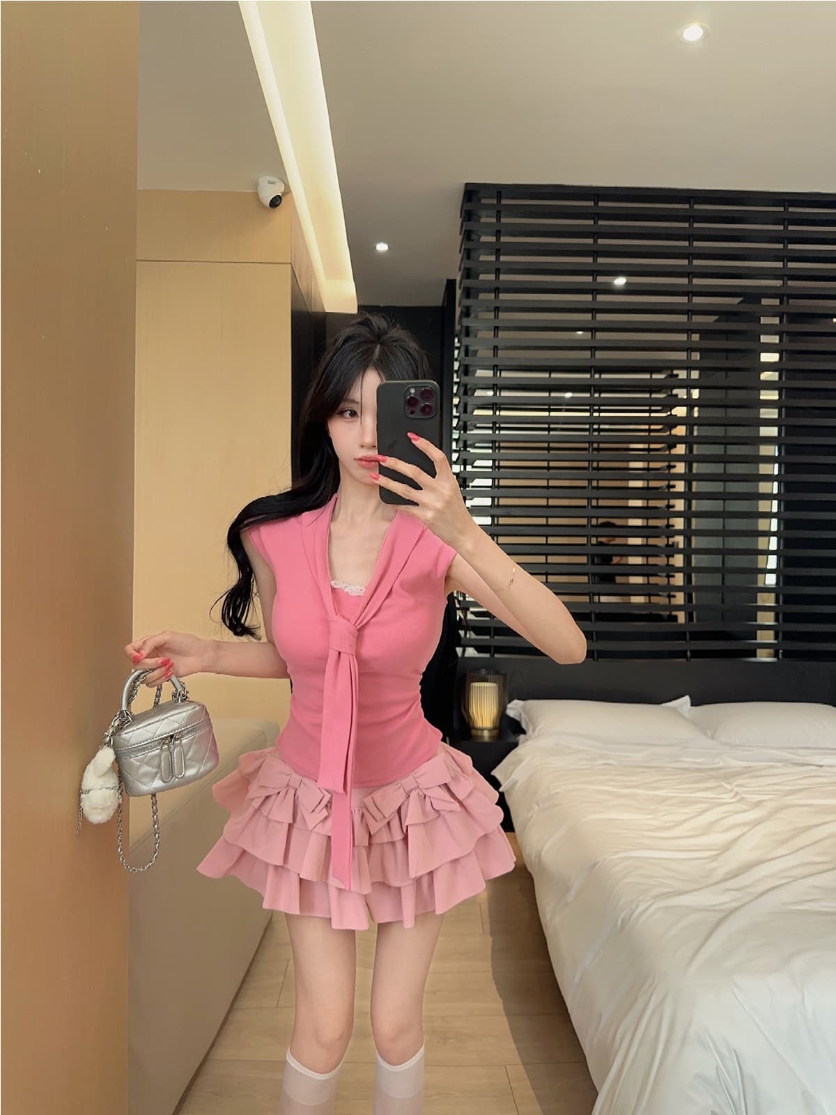 실사 정가 순수한 욕망 핫걸 해군 칼라 레이스업 레이스 조각 민소매 몸매 가꾸기 티셔츠 케이크 반신 치마 세트 상세 이미지 2