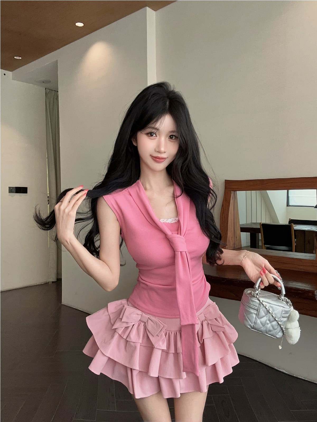 실사 정가 순수한 욕망 핫걸 해군 칼라 레이스업 레이스 조각 민소매 몸매 가꾸기 티셔츠 케이크 반신 치마 세트 상세 이미지 3