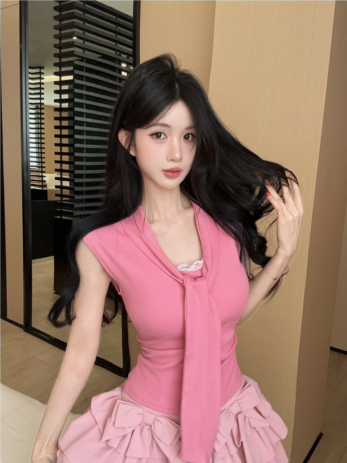 실사 정가 순수한 욕망 핫걸 해군 칼라 레이스업 레이스 조각 민소매 몸매 가꾸기 티셔츠 케이크 반신 치마 세트 상세 이미지 4