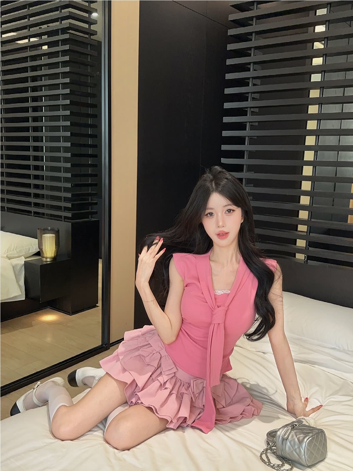 실사 정가 순수한 욕망 핫걸 해군 칼라 레이스업 레이스 조각 민소매 몸매 가꾸기 티셔츠 케이크 반신 치마 세트 상세 이미지 5