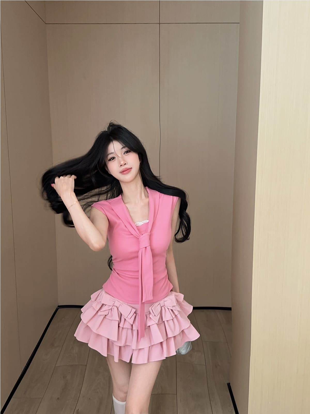 실사 정가 순수한 욕망 핫걸 해군 칼라 레이스업 레이스 조각 민소매 몸매 가꾸기 티셔츠 케이크 반신 치마 세트 상세 이미지 12