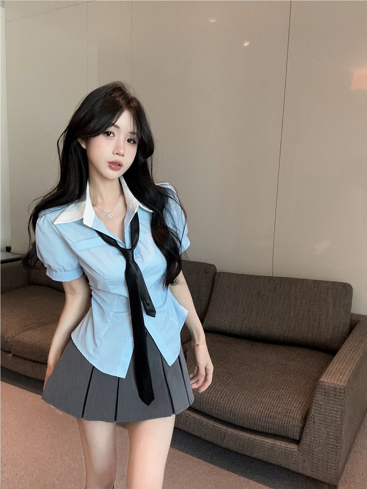 실사 정가 학원 스타일 jk 유니폼 순수한 욕망 주름 연령 감소 몸매 가꾸기 허리 수축 셔츠 하이웨이스트 플리츠 치마 세트 상세 이미지 5