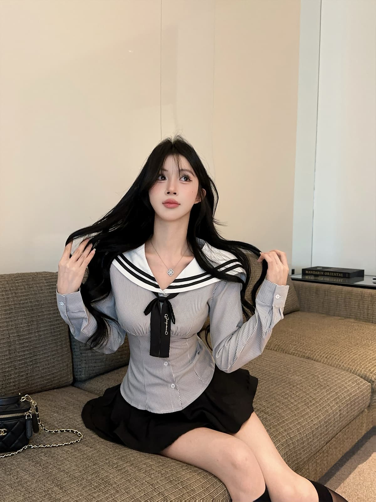 실사 정가 학원 스타일 jk 유니폼 세트 스트라이프 배색 해군 칼라 긴팔 셔츠 퍼프 스커트 투피스 세트 상세 이미지 8