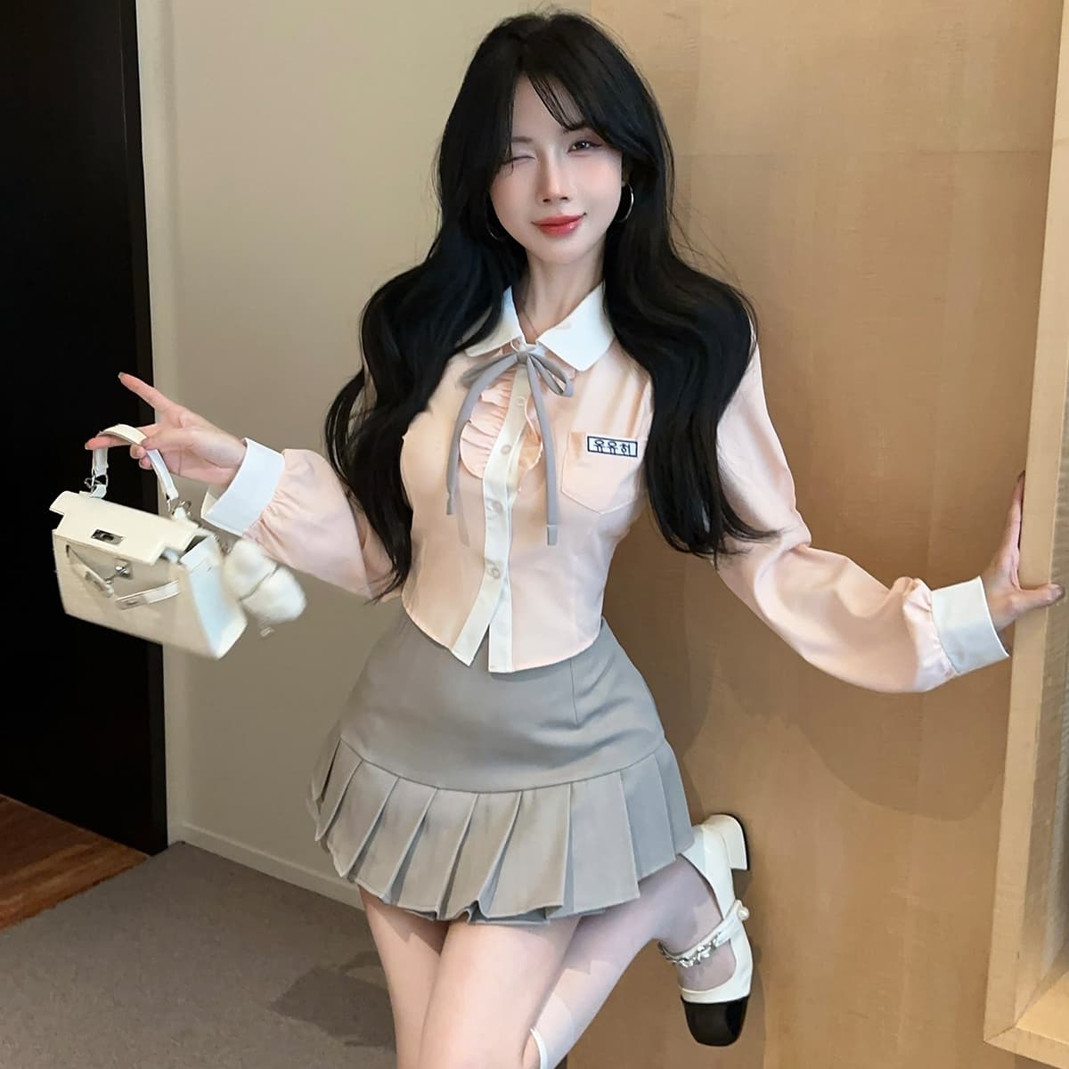 실사 정가 한 부서 jk 유니폼 순수한 욕망 학원 스타일 세트 디자인 센스 달콤함 셔츠 플리츠 스커트 투피스 세트 이미지 3