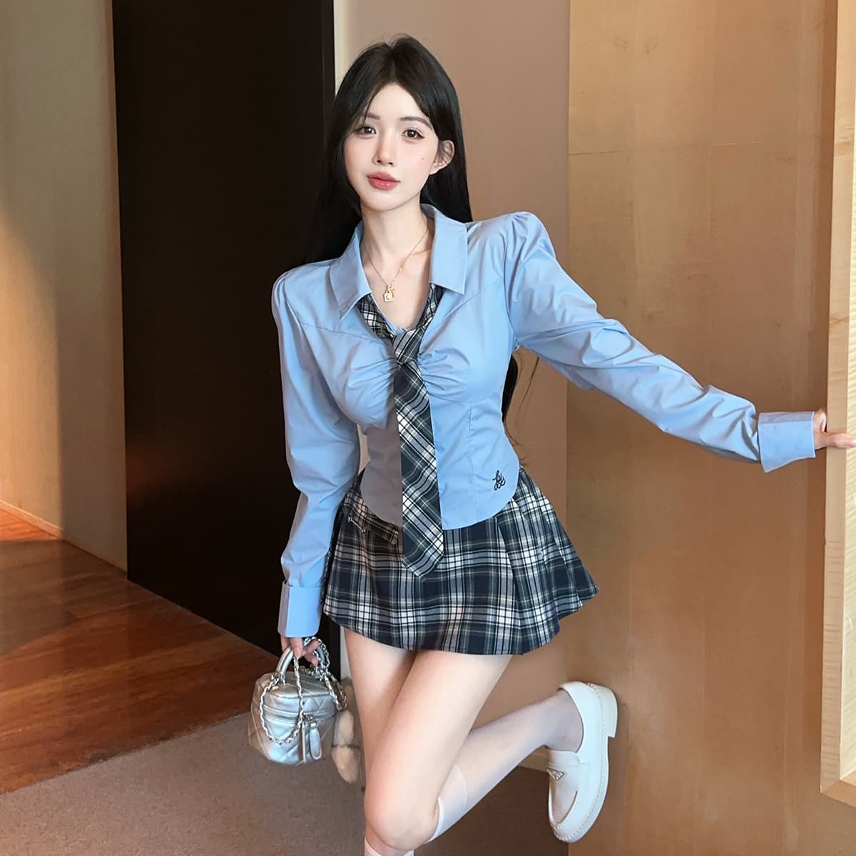 실사 정가 학원 스타일 순수한 욕망 jk 유니폼 파란색 자수 셔츠 체크무늬 반신 스커트 플리츠 미니 스커트 세트