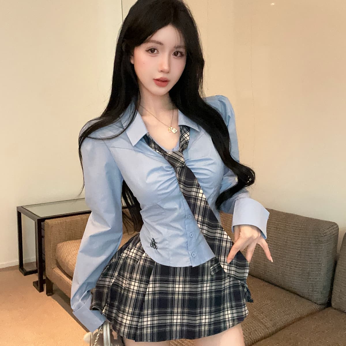실사 정가 학원 스타일 순수한 욕망 jk 유니폼 파란색 자수 셔츠 체크무늬 반신 스커트 플리츠 미니 스커트 세트 이미지 4