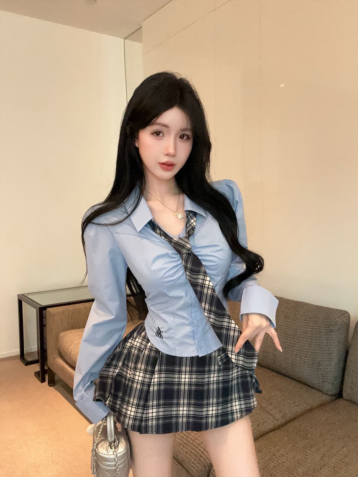 실사 정가 학원 스타일 순수한 욕망 jk 유니폼 파란색 자수 셔츠 체크무늬 반신 스커트 플리츠 미니 스커트 세트 상세 이미지 1