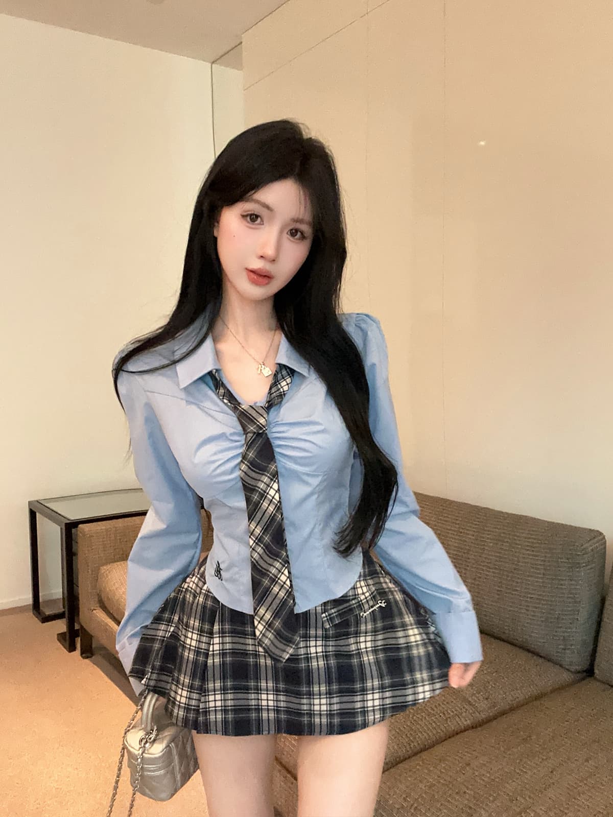 실사 정가 학원 스타일 순수한 욕망 jk 유니폼 파란색 자수 셔츠 체크무늬 반신 스커트 플리츠 미니 스커트 세트 상세 이미지 2