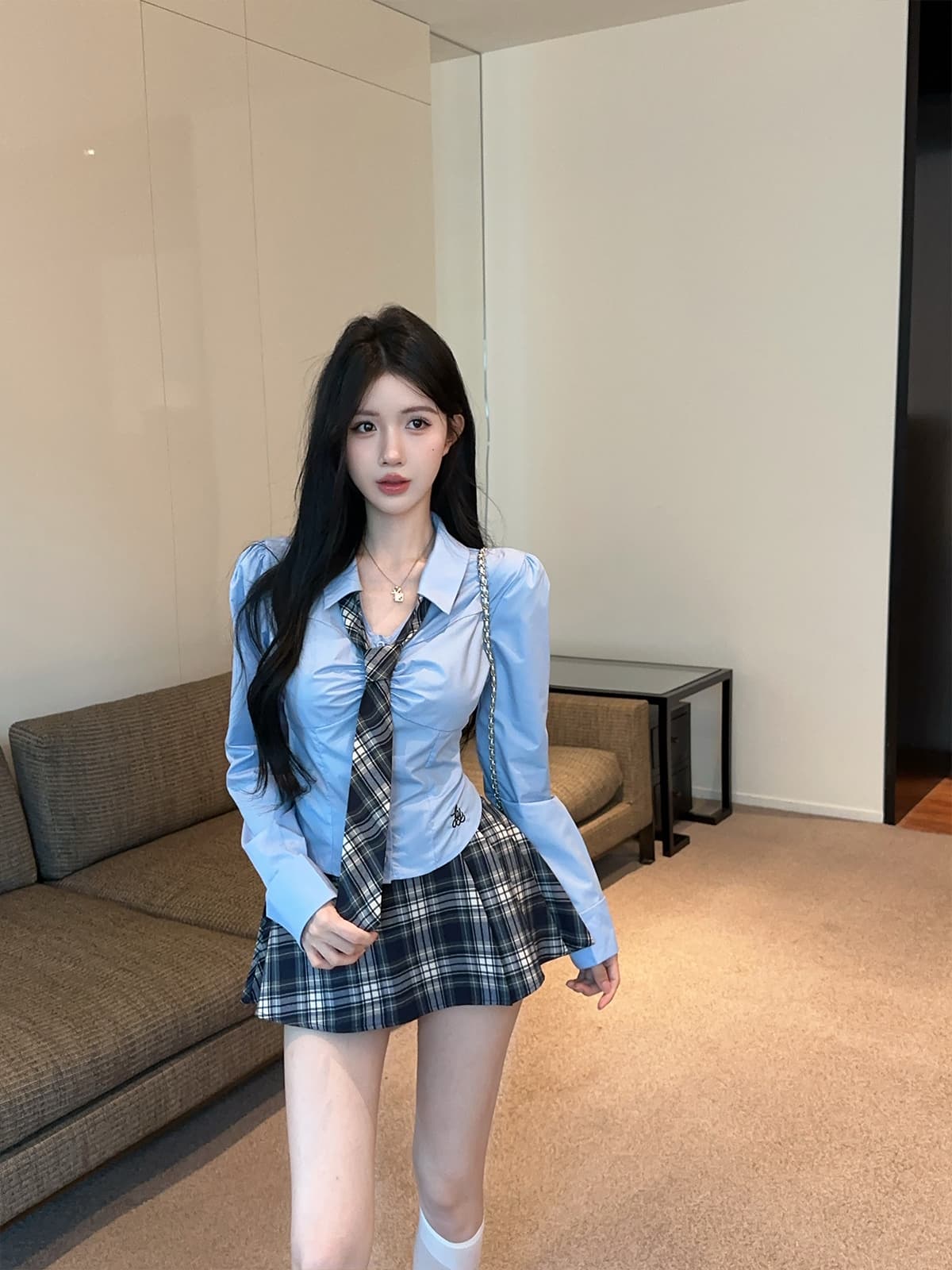 실사 정가 학원 스타일 순수한 욕망 jk 유니폼 파란색 자수 셔츠 체크무늬 반신 스커트 플리츠 미니 스커트 세트 상세 이미지 4