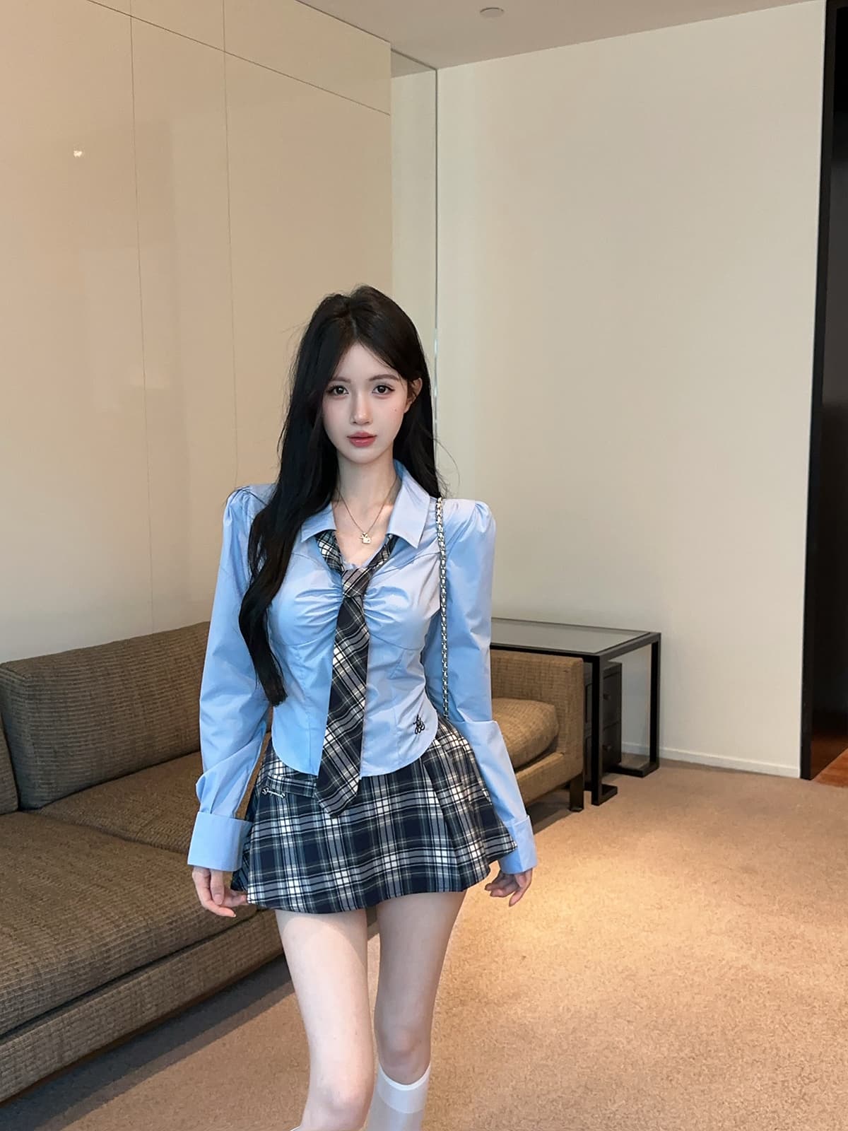 실사 정가 학원 스타일 순수한 욕망 jk 유니폼 파란색 자수 셔츠 체크무늬 반신 스커트 플리츠 미니 스커트 세트 상세 이미지 5