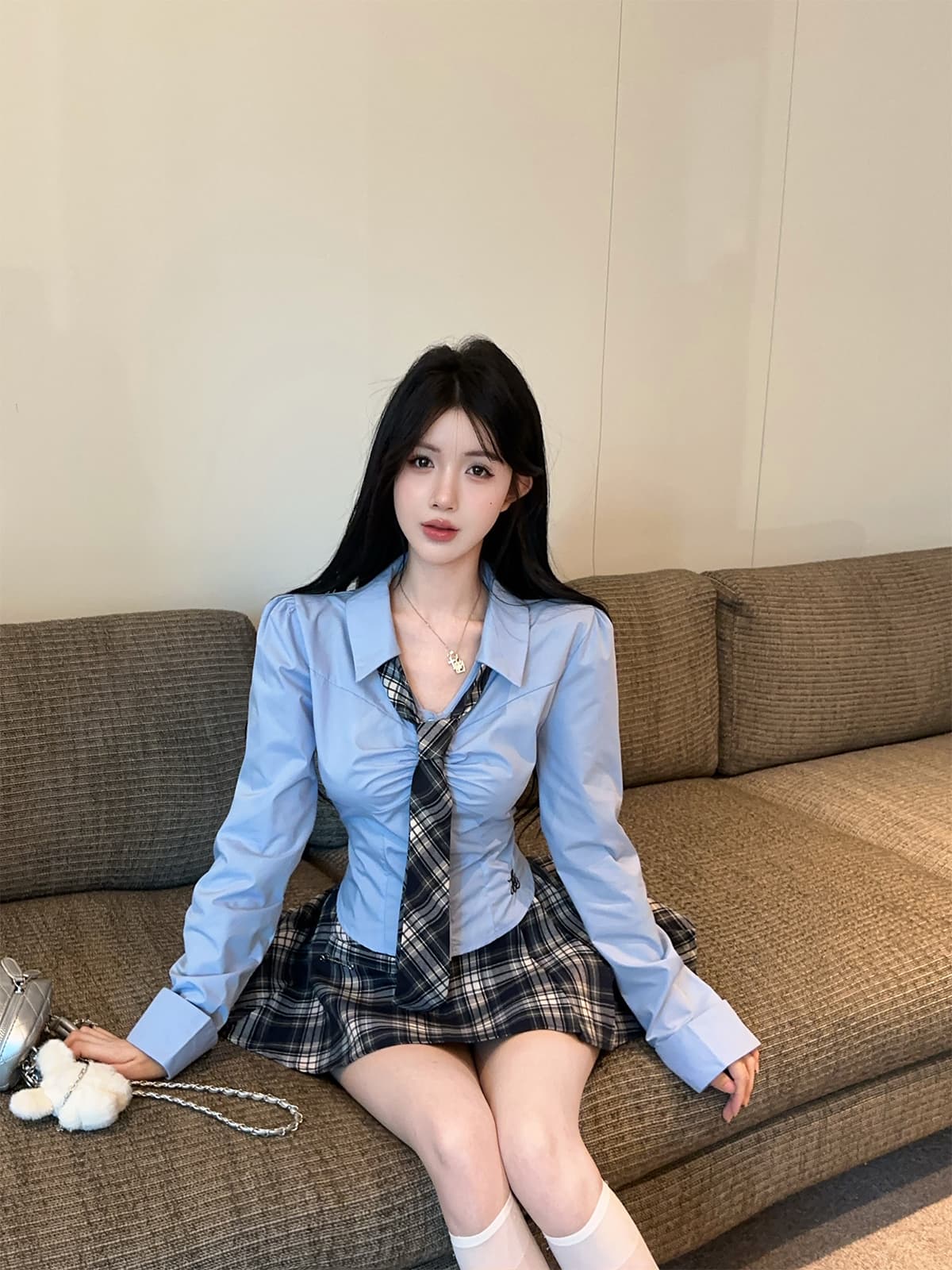 실사 정가 학원 스타일 순수한 욕망 jk 유니폼 파란색 자수 셔츠 체크무늬 반신 스커트 플리츠 미니 스커트 세트 상세 이미지 11