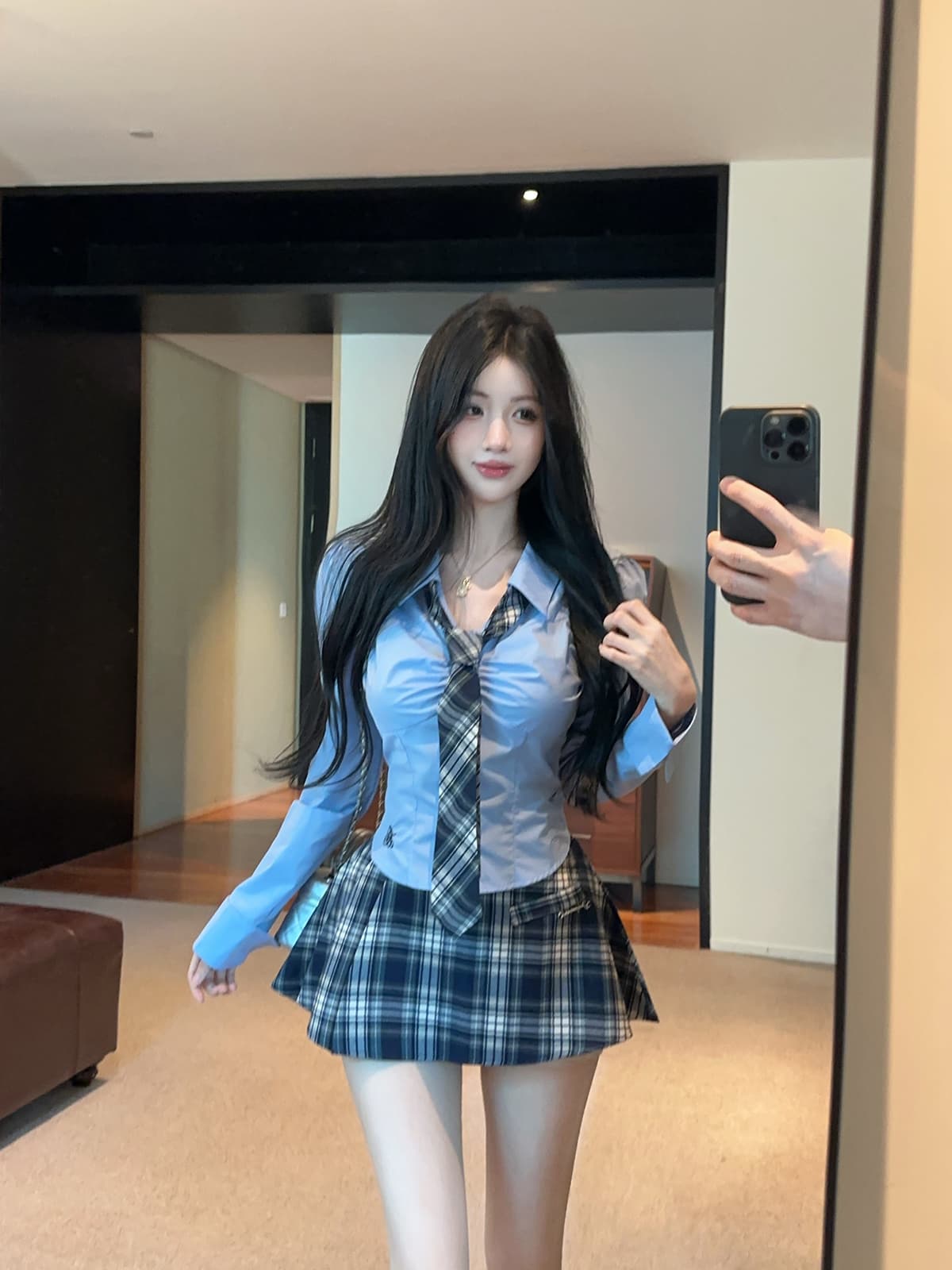 실사 정가 학원 스타일 순수한 욕망 jk 유니폼 파란색 자수 셔츠 체크무늬 반신 스커트 플리츠 미니 스커트 세트 상세 이미지 12