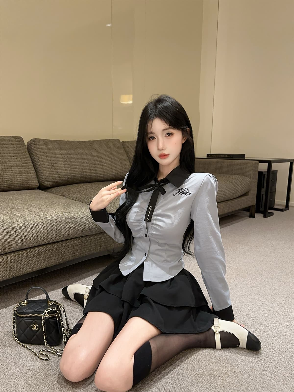 실사 정가 학원 스타일 jk 세트 배색 자수 긴팔 셔츠 맨위 플리츠 케이크 치마 투피스 세트 상세 이미지 1
