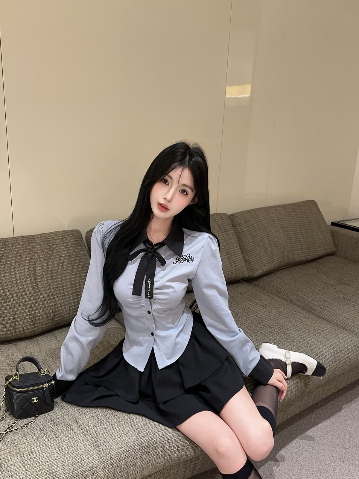 실사 정가 학원 스타일 jk 세트 배색 자수 긴팔 셔츠 맨위 플리츠 케이크 치마 투피스 세트 상세 이미지 4