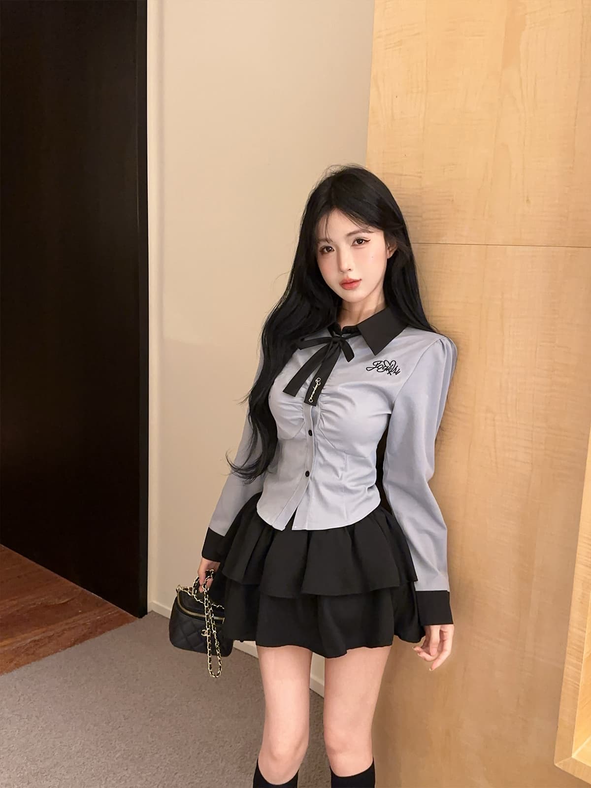 실사 정가 학원 스타일 jk 세트 배색 자수 긴팔 셔츠 맨위 플리츠 케이크 치마 투피스 세트 상세 이미지 8