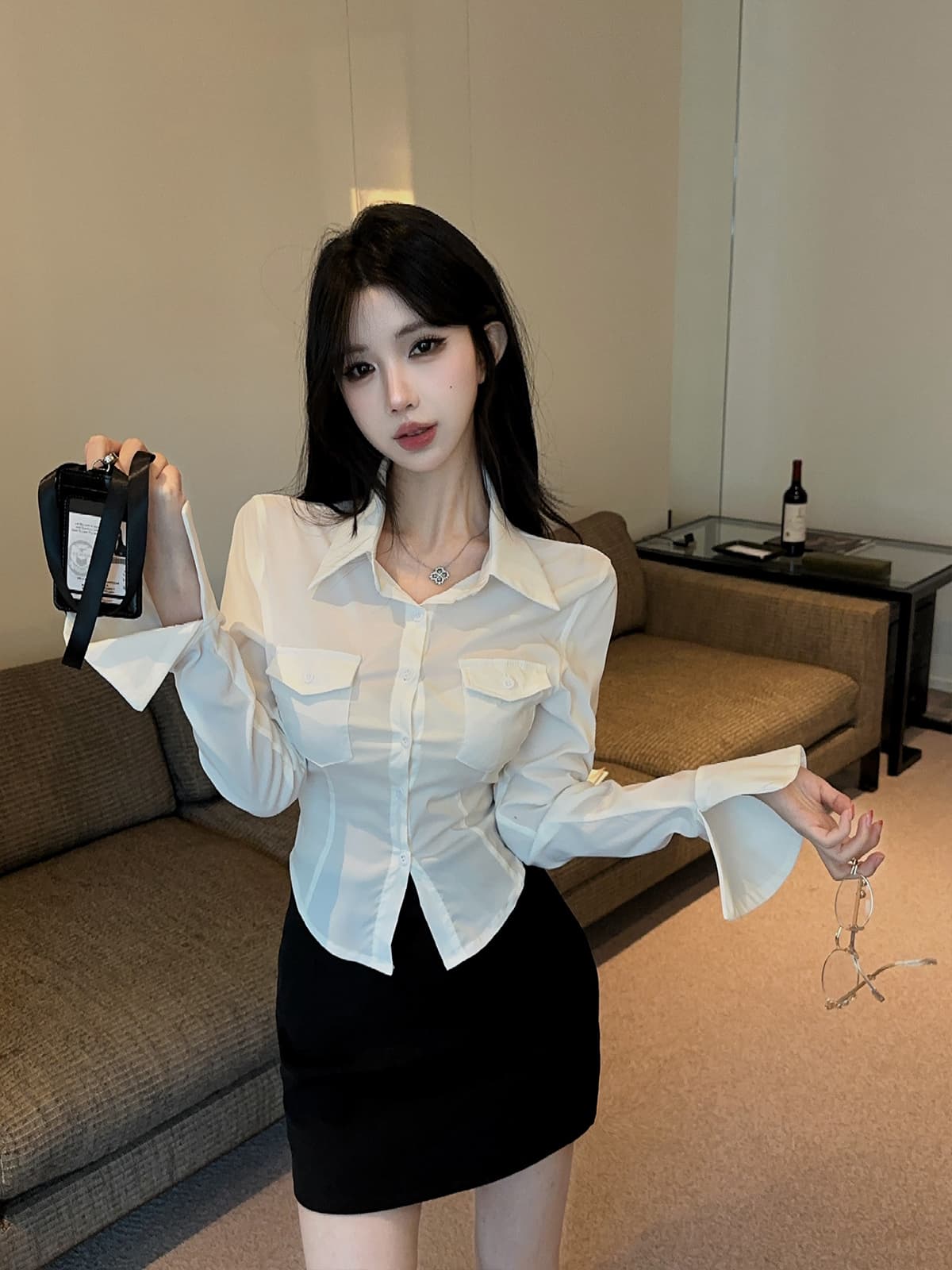 실사 정가 순수한 욕망 핫걸 나팔 소매 허리 수축 셔츠 몸매 가꾸기 슬림해 보이는 긴팔 화이트 셔츠 타이트 스커트 치마 세트 상세 이미지 1