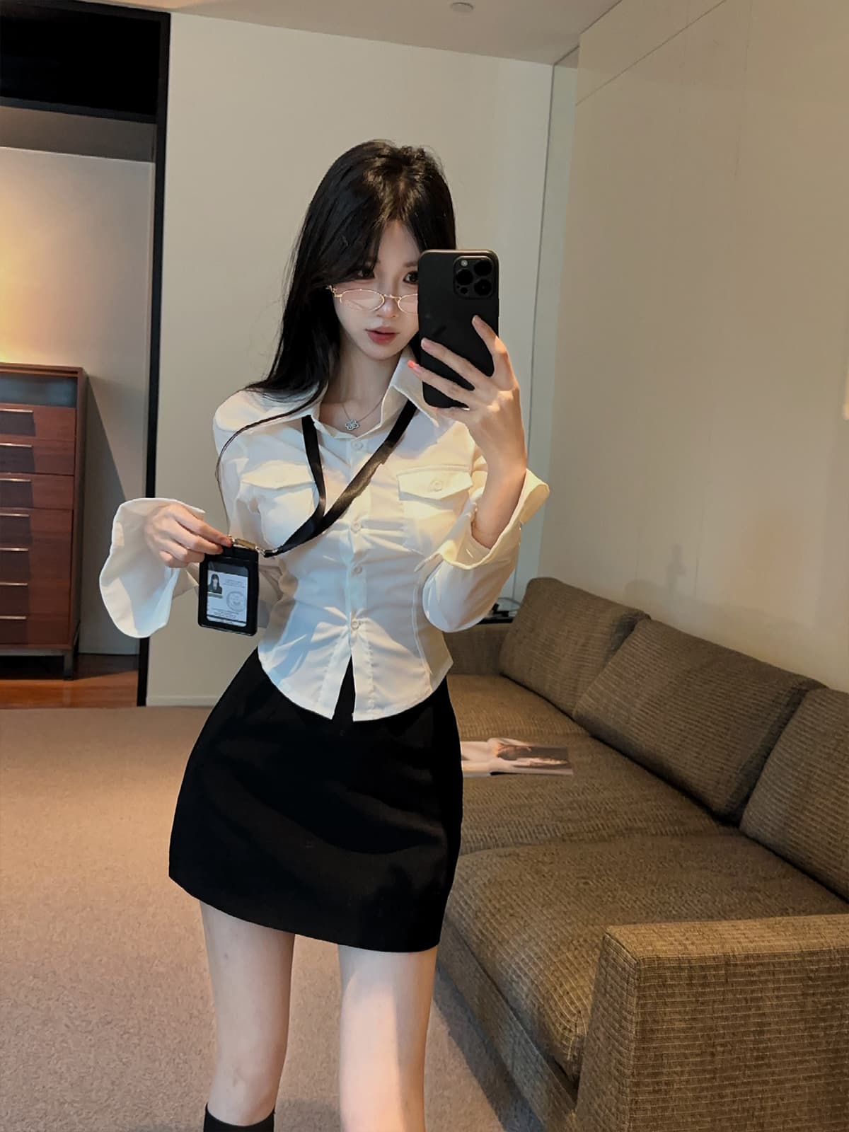 실사 정가 순수한 욕망 핫걸 나팔 소매 허리 수축 셔츠 몸매 가꾸기 슬림해 보이는 긴팔 화이트 셔츠 타이트 스커트 치마 세트 상세 이미지 2