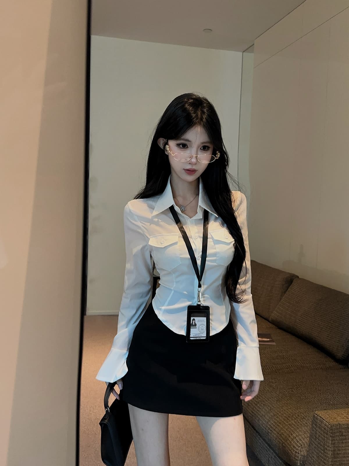 실사 정가 순수한 욕망 핫걸 나팔 소매 허리 수축 셔츠 몸매 가꾸기 슬림해 보이는 긴팔 화이트 셔츠 타이트 스커트 치마 세트 상세 이미지 5