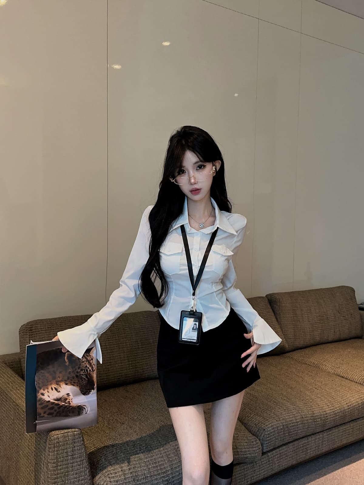 실사 정가 순수한 욕망 핫걸 나팔 소매 허리 수축 셔츠 몸매 가꾸기 슬림해 보이는 긴팔 화이트 셔츠 타이트 스커트 치마 세트 상세 이미지 6