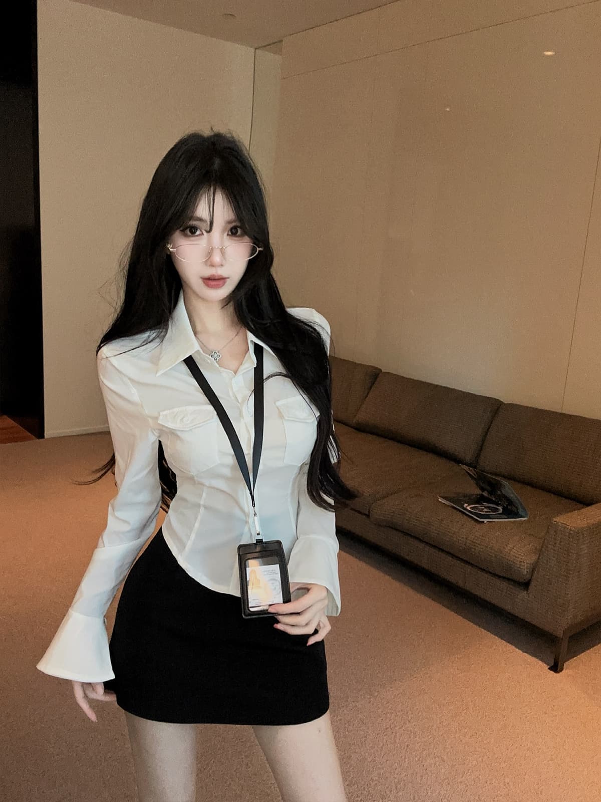 실사 정가 순수한 욕망 핫걸 나팔 소매 허리 수축 셔츠 몸매 가꾸기 슬림해 보이는 긴팔 화이트 셔츠 타이트 스커트 치마 세트 상세 이미지 8