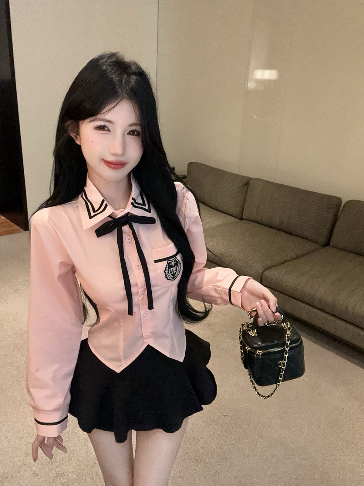 실사 정가 학원 스타일 세트 jk 유니폼 허리 수축 긴팔 셔츠 하이웨이스트 퍼프 짧은 바지 핫걸 투피스 세트 상세 이미지 3