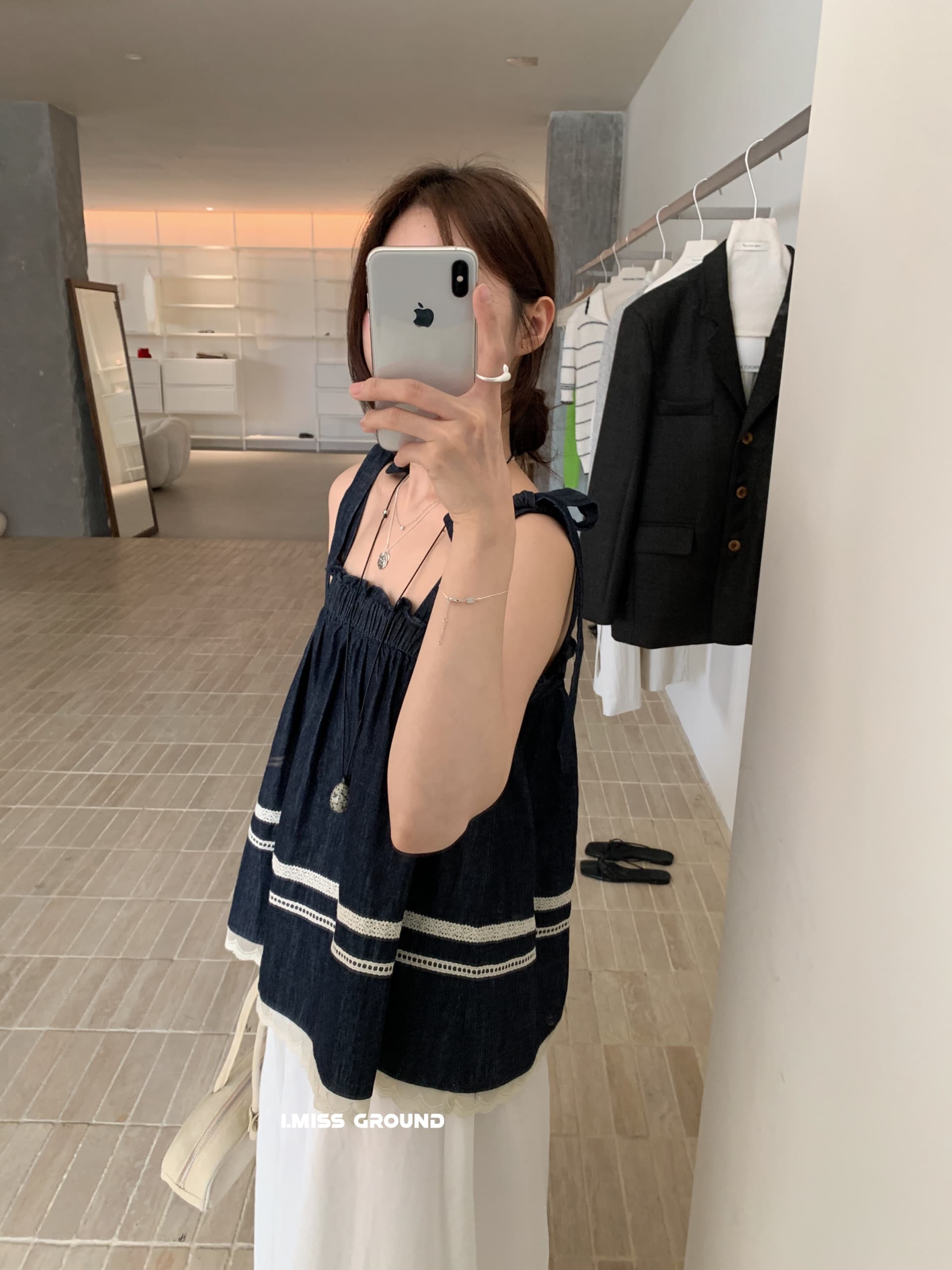 한 부서 레이스업 슬립 작은 셔츠 레이스 레이스 패치워크 맨위 얇은 스타일 데님 조끼 스택 착용 여름 루즈핏