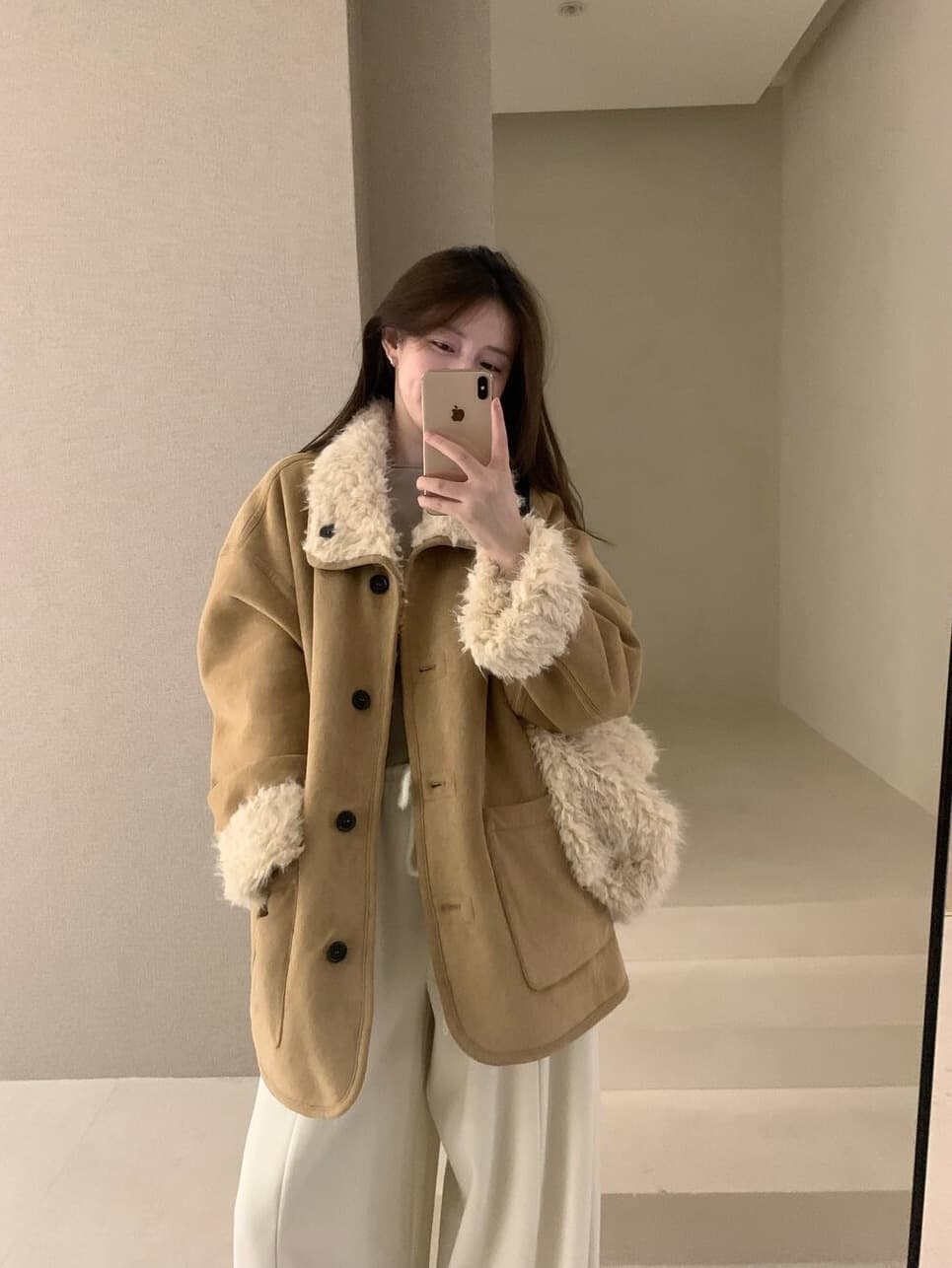 2025 겨울 섹션 한국 스타일 레트로 폴로 칼라 피모 하나 양털 보온 스웨이드 원단 재킷 경기 가방